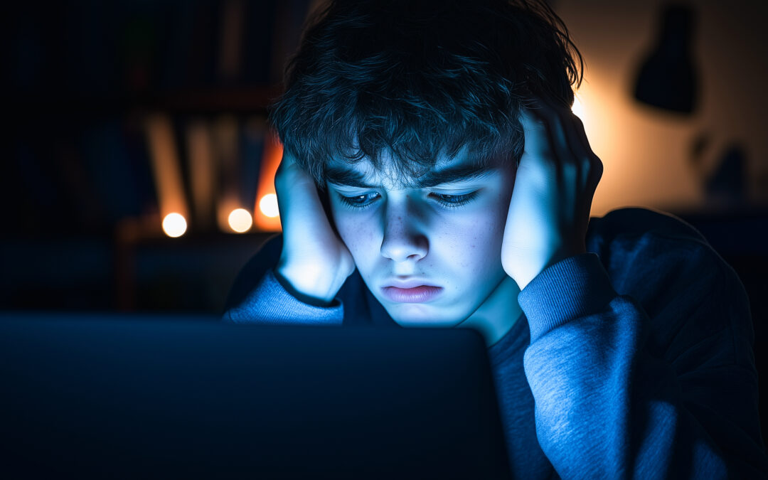 anxiety in digital age. young anxious man looking at computer. anxious about what is on the computer